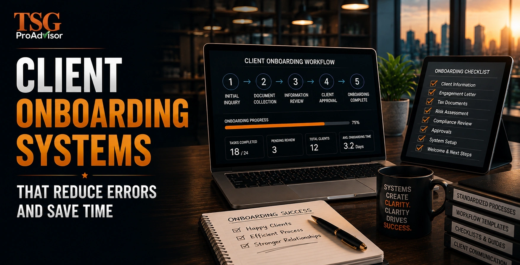 Laptop and tablet displaying digital client onboarding workflows, checklists, and business efficiency metrics.