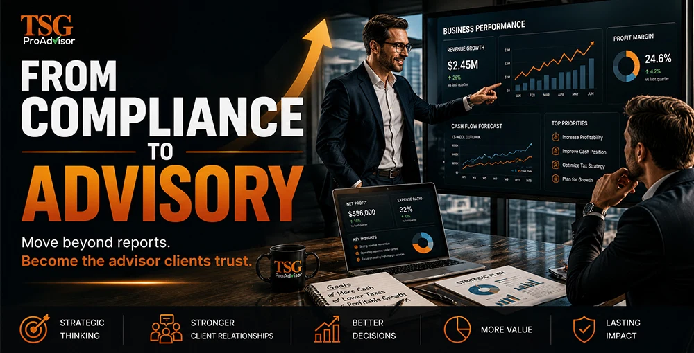 How to Transition from Compliance Work to Advisory Services Business advisor presenting performance dashboards and growth strategies for transitioning from compliance work to advisory services