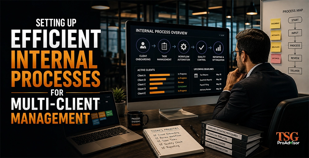Setting Up Efficient Internal Processes for Multi-Client Management Business professional reviewing internal process workflows, client onboarding, task management, automation, and reporting for multi-client management.