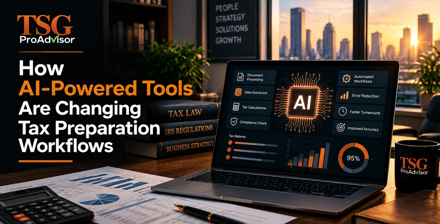 How AI-Powered Tools Are Changing Tax Preparation Workflows Laptop displaying an AI dashboard for tax preparation workflows next to tax law books, a calculator, and a TSG ProAdvisor mug.