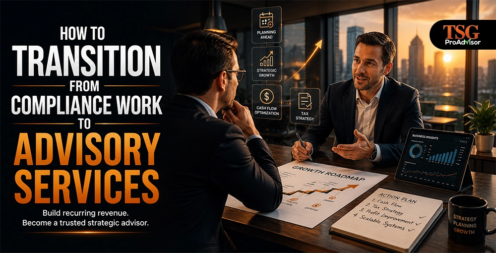 Business advisor meeting with a client to discuss transitioning from compliance work to advisory services, strategic planning, tax strategy, cash flow optimization, and business growth.