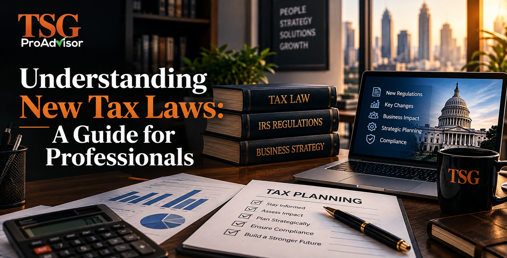 Understanding New Tax Laws: Guide for Professionals Laptop screen displaying IRS tax regulation updates alongside tax law books, planning reports, and a calculator on an office desk.